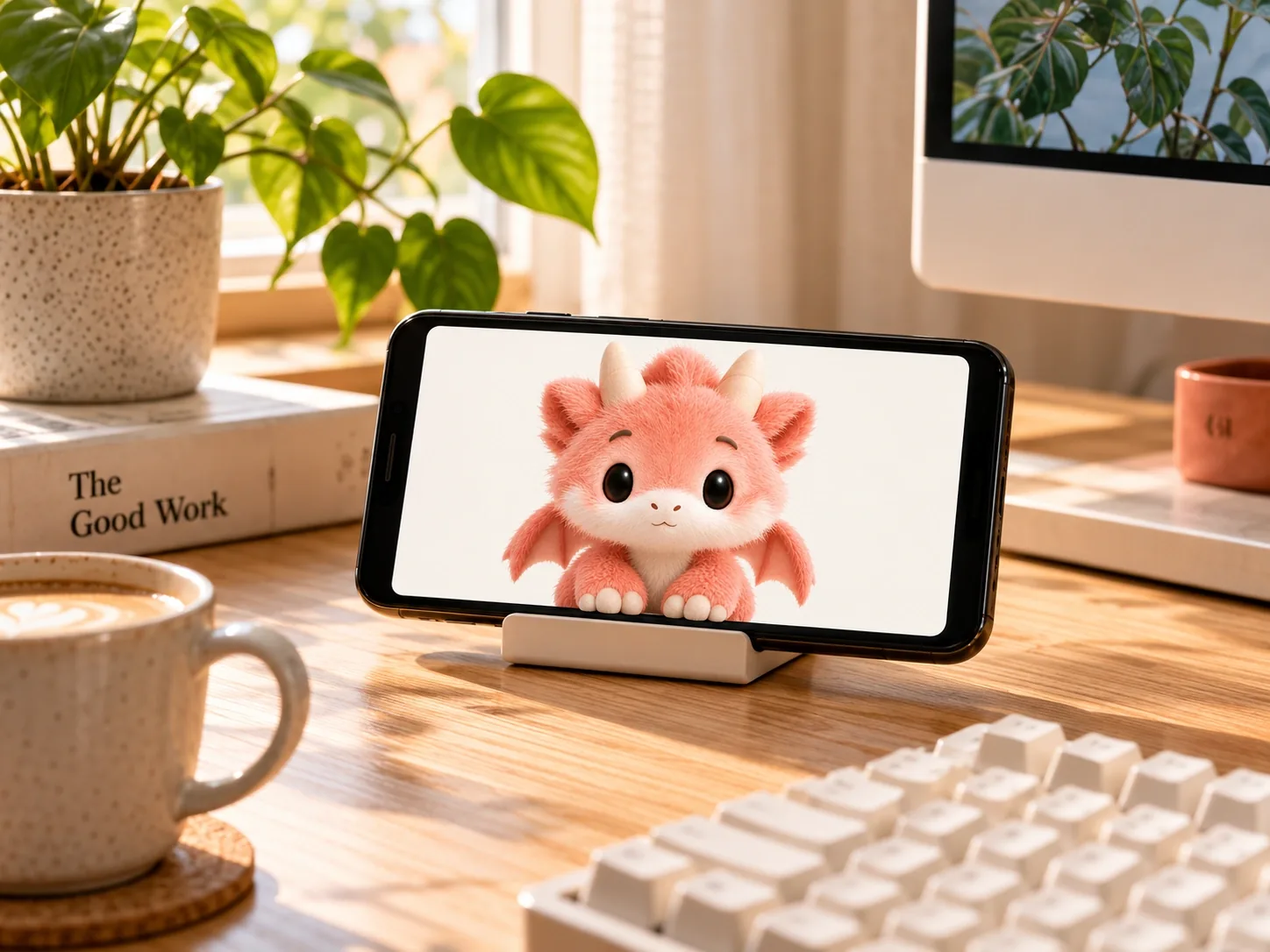 Generated desk scene concept showing Peilo on a phone beside a keyboard and plant