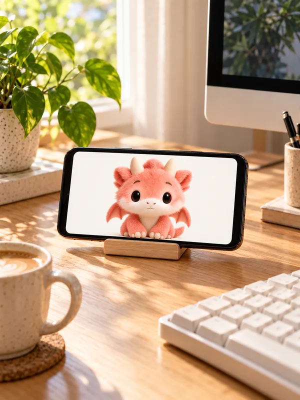Generated daylight desk scene with the current Peilo character fully contained in a landscape phone screen