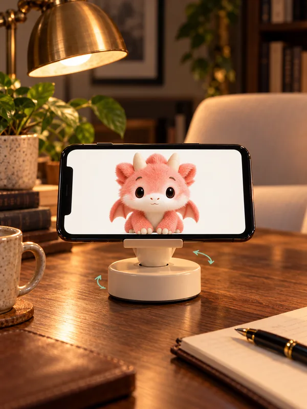 Generated evening desk scene with Peilo on a landscape phone and an experimental swivel dock