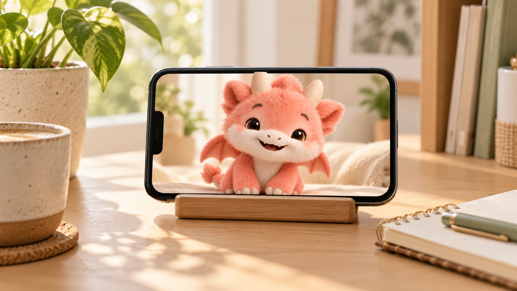 Concept scene: Peilo on a phone stand beside a plant and notebook on a bright desk